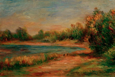 Pierre auguste renoir – motivvy. En väg slingrar sig längs gröna buskar och öppna fält under en gråblå, målad himmel.