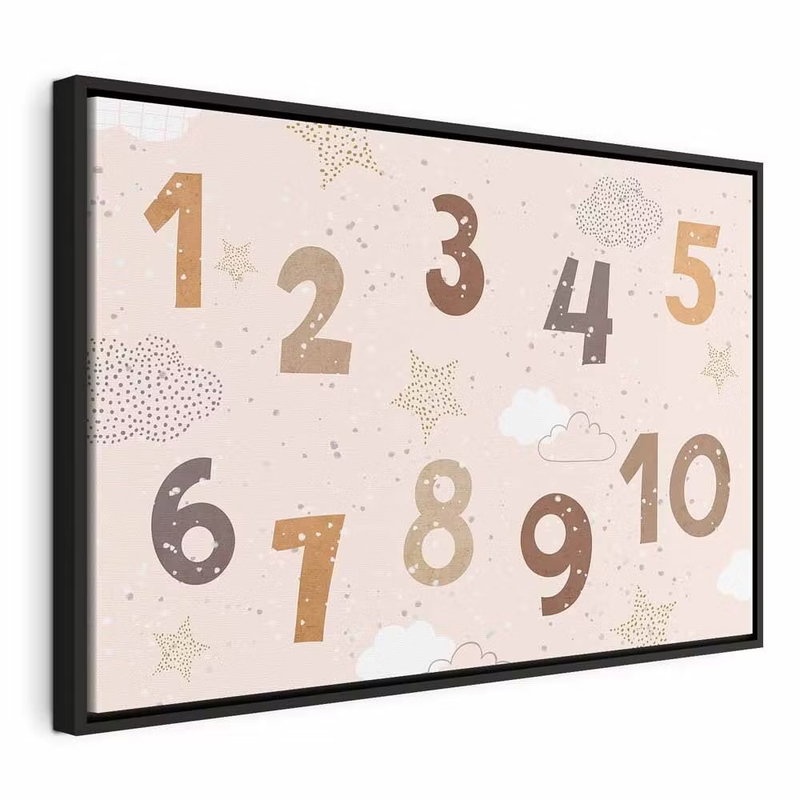 Jumping numbers numbers in a – svart ram. Siffrorna ett till tio ligger bland små stjärnor och moln på en ljust rosa och beige botten.