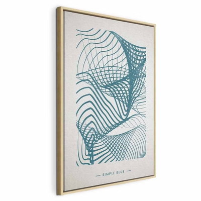 Simple blue vertical – naturfärgad ram. Tunna blå linjer bildar ett böljande rutnät mot en ljust gråvit bakgrund med liten typografi nedtill.