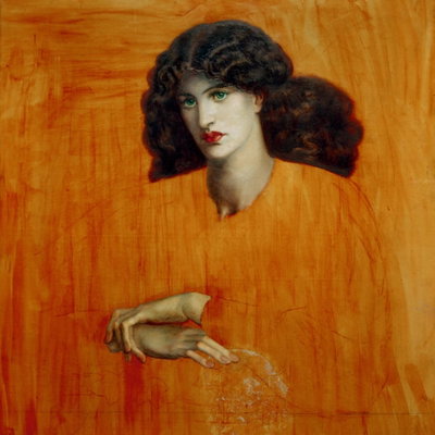 Dante gabriel rossetti la – motivvy. En mörkhårig kvinna med röd mun tittar åt sidan över ett varmt orange färgfält och en beskuren hand.