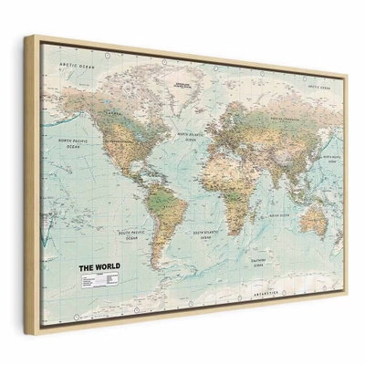 World map beautiful world – naturfärgad ram. Beigefärgade landytor möter en blekt turkos, sliten bakgrund med små kartdetaljer.