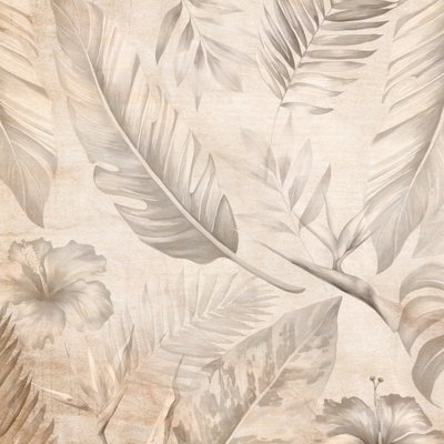 Kvadratisk motivförlaga för A multitude of exotic leaves: Stora palm- och bladformer överlappar varandra i sand, gråbeige och brunt.