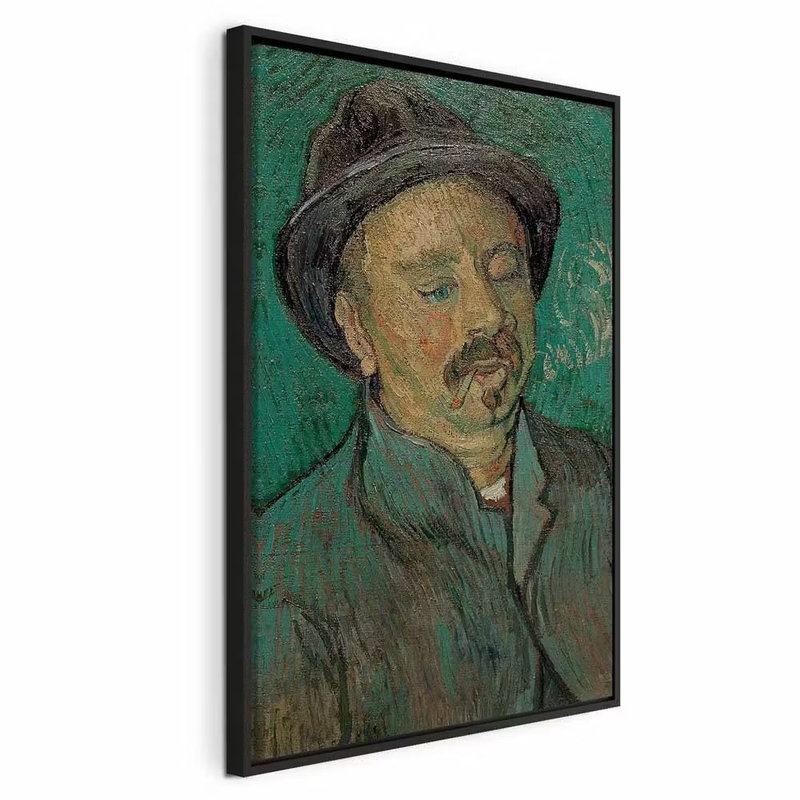 Vincent van gogh portrait of – svart ram. Ett målat porträtt av en man med hatt och mustasch framträder mot en grön bakgrund.