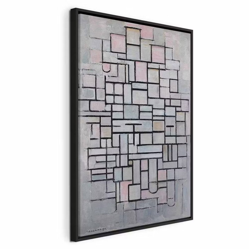 Piet mondrian composition iv – svart ram. Tunna mörka linjer delar upp ljusgrå och blekt rosa rektanglar i ett oregelbundet rutnät.