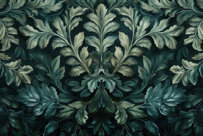 Dark green victorian leaves – motivvy. Täta, svängda gröna blad bildar ett spegelsymmetriskt ornament över en nästan svart bakgrund.