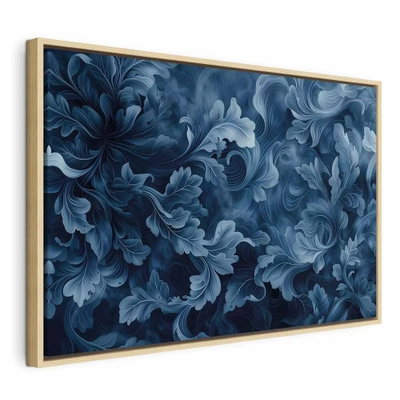 Abstract ornaments dark blue – naturfärgad ram. Täta, dekorativt svängda blå blad med ljusa kanter bildar ett heltäckande mönster på mörk botten.