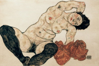 Egon schiele liegender akt – motivvy. En liggande naken figur återges med markerade konturer och dämpade hudtoner mot ljust och rostrött.