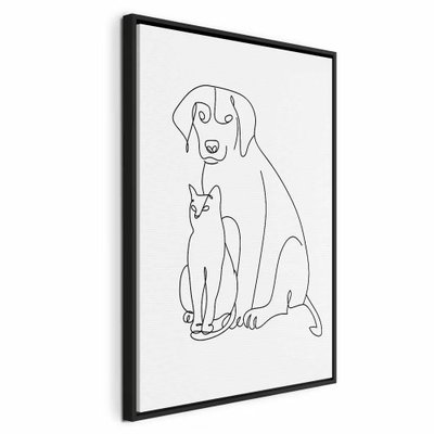 Best friends vertical – svart ram. En stor sittande hund och en mindre katt framför den tecknas med tunna svarta konturer på vitt.