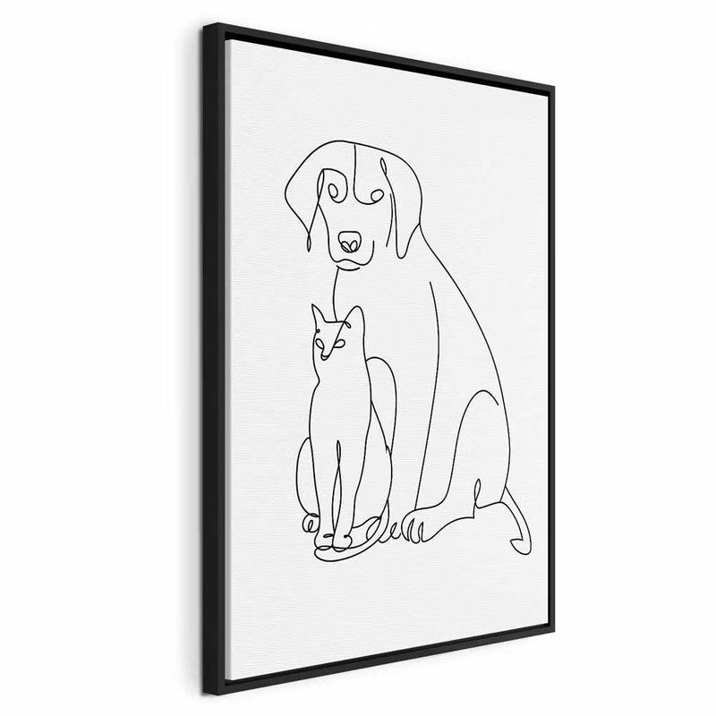 Best friends vertical – svart ram. En stor sittande hund och en mindre katt framför den tecknas med tunna svarta konturer på vitt.
