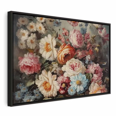 The scent of garden flowers – svart ram. En tät bukett i crème, rosa, rött och blått samlas mot en gråaktig bakgrund med gröna blad mellan blommorna.