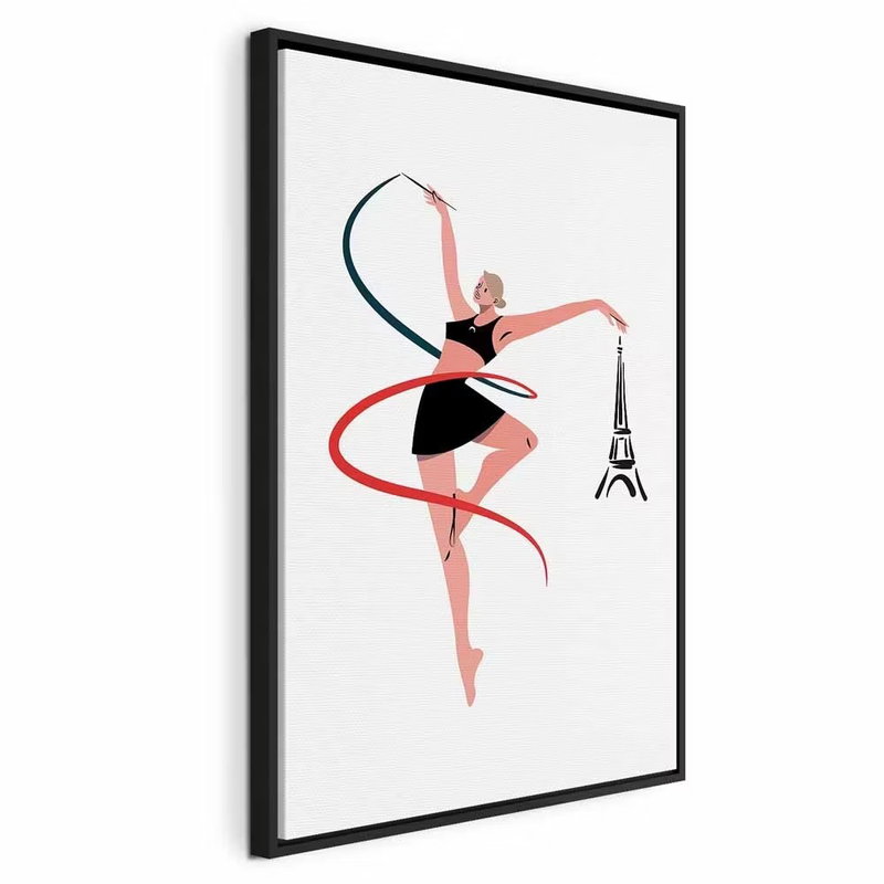 Rhythmic gymnastics – svart ram. En gymnast i svart och rosa rör sig med ett långt färgat band bredvid en liten teckning av Eiffeltornet.