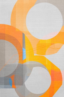 Multicolour vertical – motivvy. Stora ljusgrå cirklar möter breda orange och gula band i en lodrät geometrisk komposition.