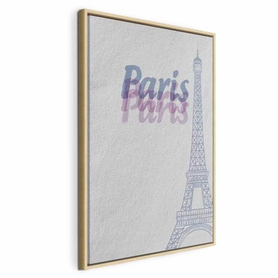 Paris in watercolours – naturfärgad ram. Eiffeltornet tecknas i blågrått tillsammans med ordet Paris i mjuka blå och violetta toner.