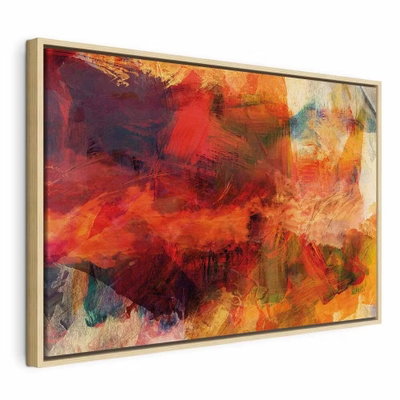 Explosion of wild colors – naturfärgad ram. Rött, orange, ockra och mörka partier överlappar varandra i en bred, målerisk komposition.