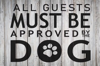 All guests must be approved – motivvy. Texten ALL GUESTS MUST BE APPROVED BY THE DOG återges i stora svarta bokstäver över ljusa, tryckta träbrädor.