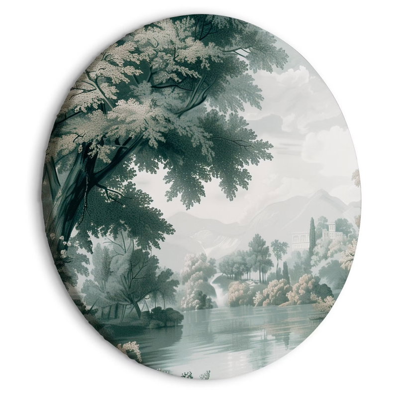 Rund motivvisning af Landscape with a park and lake: Et stort træ indrammer en sø med spejlinger, grønne omgivelser og fjerne bjerge.