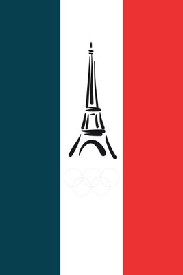 French flag with graphic – motivvy. Blå, vita och röda lodräta fält omger en liten svart Eiffeltornssymbol mitt på bildytan.