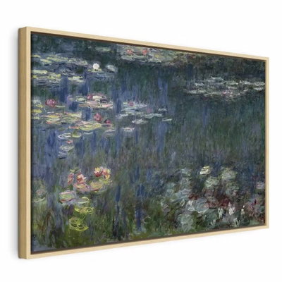 Claude monet waterlilies – naturfärgad ram. Vita och rosa näckrosor ligger över en mörkt grönblå damm med långa, måleriska speglingar.