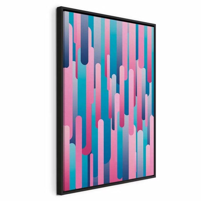 Colourful pistons vertical – svart ram. Raka och rundade streck i rosa, blått, lila och turkost bygger ett tätt, stående mönster.