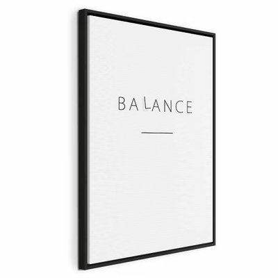 Balance of words black – svart ram. Ordet BALANCE står med tunna grå bokstäver ovan ett kort streck på en stor vit yta.
