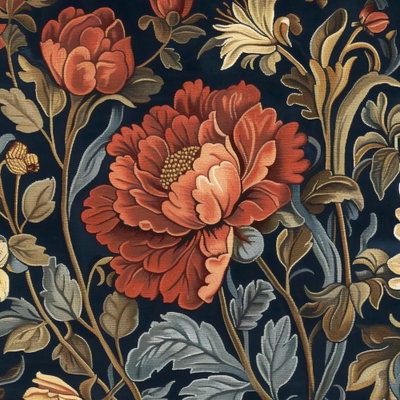 Kvadratisk motivförlaga för Tapestry large flowers retro: Stora rostorange blommor och olivgröna blad växer över en mörk botten.