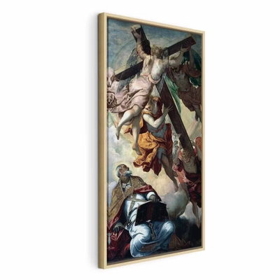 Tintoretto apparition of the – naturfärgad ram. Målade gestalter och ett stort kors bildar en klassisk scen med gröna, röda, vita och bruna färgpartier.