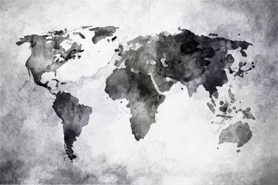 Painted planet wide – motivvy. En världskarta i mörka grå färgfläckar ligger över en ljus, strukturerad bakgrund.