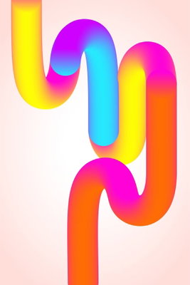 Colorful turns dynamic – motivvy. En lång, mjukt svängd form övergår mellan gult, rosa, blått och orange på en ljust rosa bakgrund.