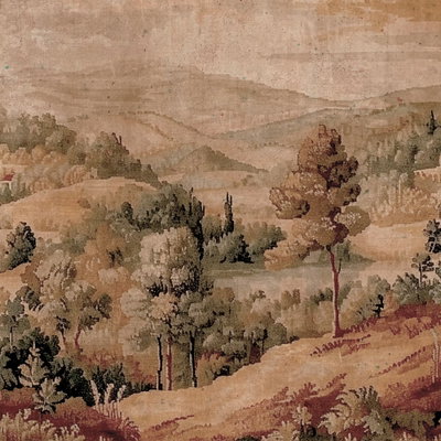 Kvadratisk motivförlaga för Mediterranean landscape: Trädklädda kullar och öppna marker skildras i dämpade bruna, gröna och rosa toner.