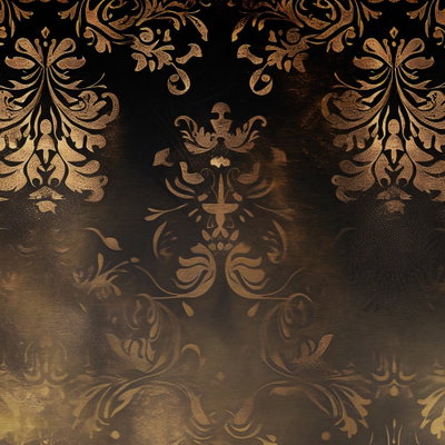 Kvadratisk motivförlaga för Baroque ornaments: Guldfärgade blom- och bladslingor framträder mot en mörk, flammig bakgrund.