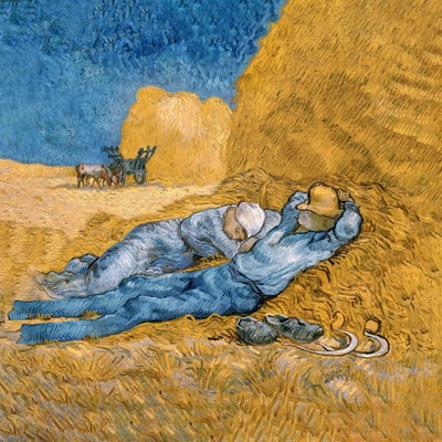 Kvadratisk motivförlaga för Vincent van Gogh: Två personer vilar i skuggan vid en stor gul höstack, med blå kläder mot det varma fältet.