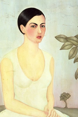 Frida kahlo the white lady – motivvy. En mörkhårig kvinna i blekgul klänning återges mot en ljus grönaktig bakgrund med små växtdetaljer.