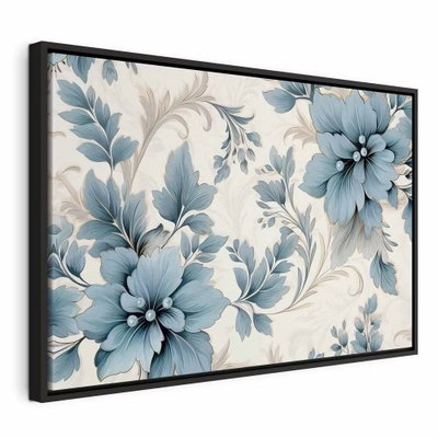 Turquoise flowers in retro – svart ram. Blågrå blommor och slingrande blad bildar ett dekorativt mönster på en ljus crèmefärgad botten.