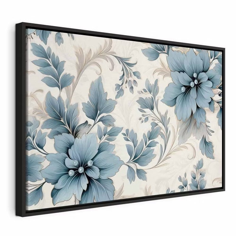 Turquoise flowers in retro – svart ram. Blågrå blommor och slingrande blad bildar ett dekorativt mönster på en ljus crèmefärgad botten.