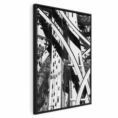 City geometry vertical – svart ram. Nitar, raka balkar och kraftiga diagonaler fyller en svartvit närbild av en stålkonstruktion.