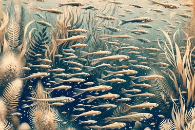 Oceanic nature – motivvy. Många ljusa fiskar och tunna marina växter bildar ett tätt mönster mot mörkt blågrönt.