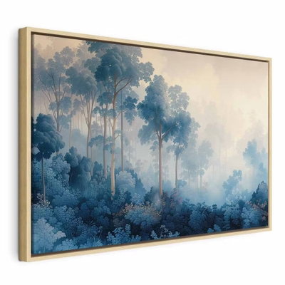 Landscape with trees in – naturfärgad ram. Smala träd och tät blågrå grönska försvinner in i ett ljust, dimmigt skogsdjup.