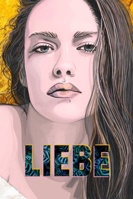 Liebe vertical – motivvy. Ett illustrerat kvinnoansikte med mörkt hår möter gul bakgrund och färgade bokstäver med ordet LIEBE.