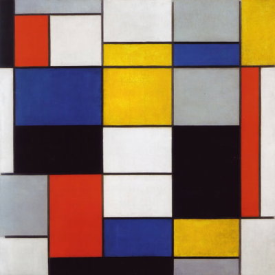 Piet mondrian composition – motivvy. Stora röda, gula, blå och svarta rektanglar möter vita fält inom raka mörka linjer.
