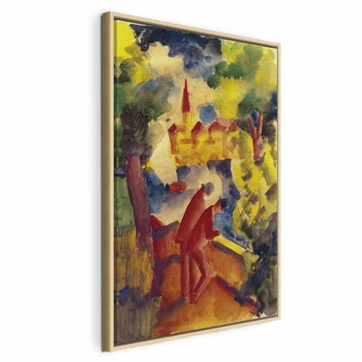 August macke men on the road – naturfärgad ram. Vinklade figurer och byggnadsformer i rött, gult, blått och grönt fyller en tät, målerisk scen.