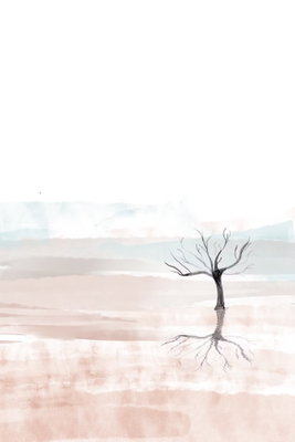 Watercolor landscape – motivvy. Ett ensamt kalt träd står i ett blekt rosa landskap med en gråblå horisont.