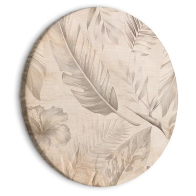Rund motivvy för A multitude of exotic leaves: Stora palm- och bladformer överlappar varandra i sand, gråbeige och brunt.