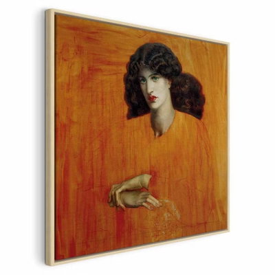 Dante gabriel rossetti la – naturfärgad ram. En mörkhårig kvinna med röd mun tittar åt sidan över ett varmt orange färgfält och en beskuren hand.