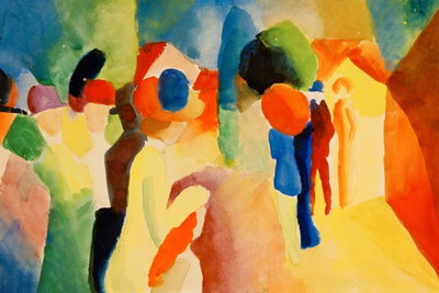 August macke with a yellow – motivvy. Förenklade människogestalter och stora runda former möts i starka gula, orange, blå, gröna och rosa fält.