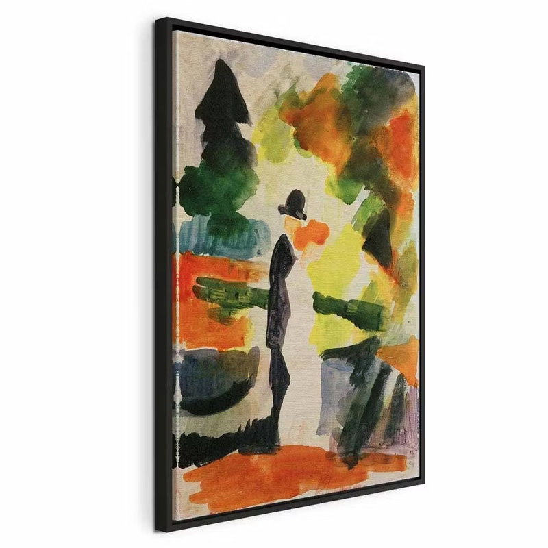 August macke paar im park – svart ram. Två små figurer i svart och vitt står bland gröna, orange och gula trädformer i en ljust målad park.