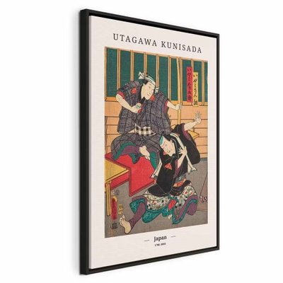 Woodcut vertical – svart ram. Gestalter i traditionella kläder med gröna och röda partier samlas i en japansk bild med tunna svarta linjer.