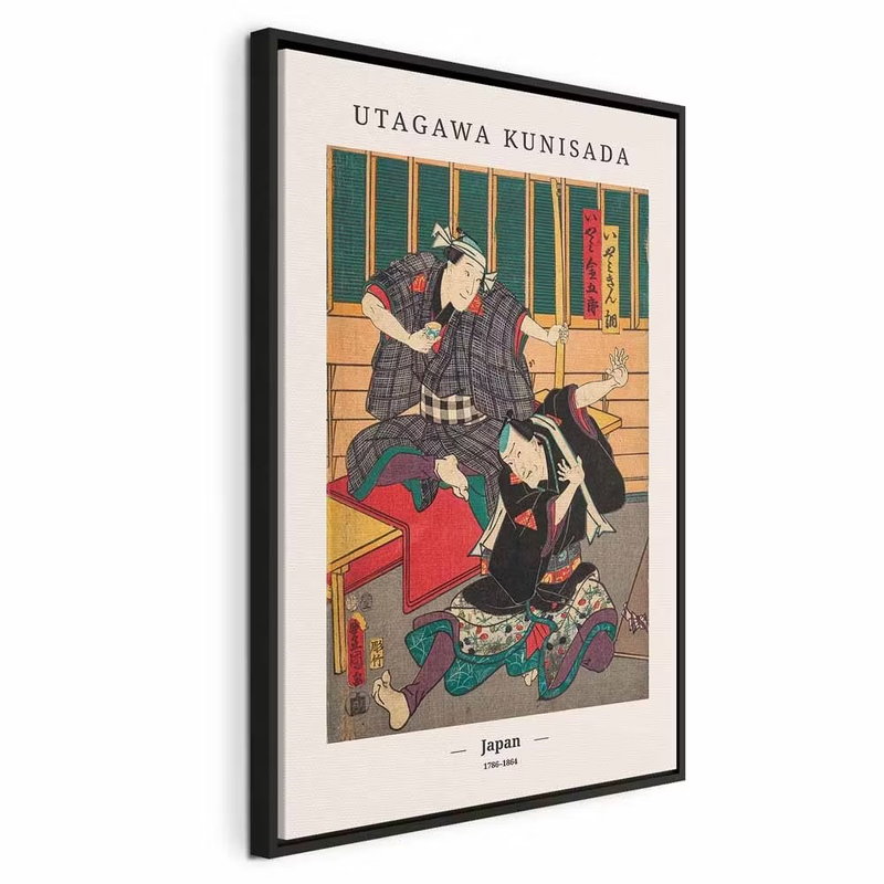 Woodcut vertical – svart ram. Gestalter i traditionella kläder med gröna och röda partier samlas i en japansk bild med tunna svarta linjer.