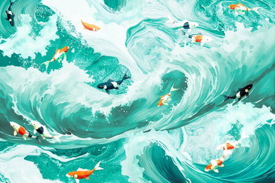 Fish and waves – motivvy. Små orange, vita och svarttecknade fiskar simmar genom stora, skummande vågor i turkost och vitt.