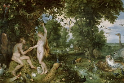 Peter paul rubens the garden – motivvy. Målade gestalter och många djur samlas bland frodiga träd och växter i ett grönt landskap.