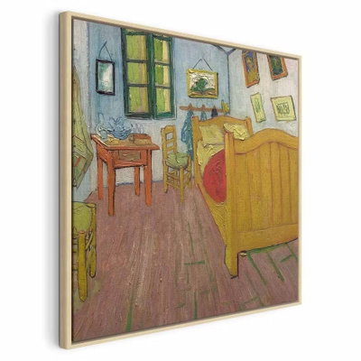 Vincent van gogh the bedroom – naturfärgad ram. En gul säng och stolar omges av tavlor och gröna väggytor i en målad rumsscen.